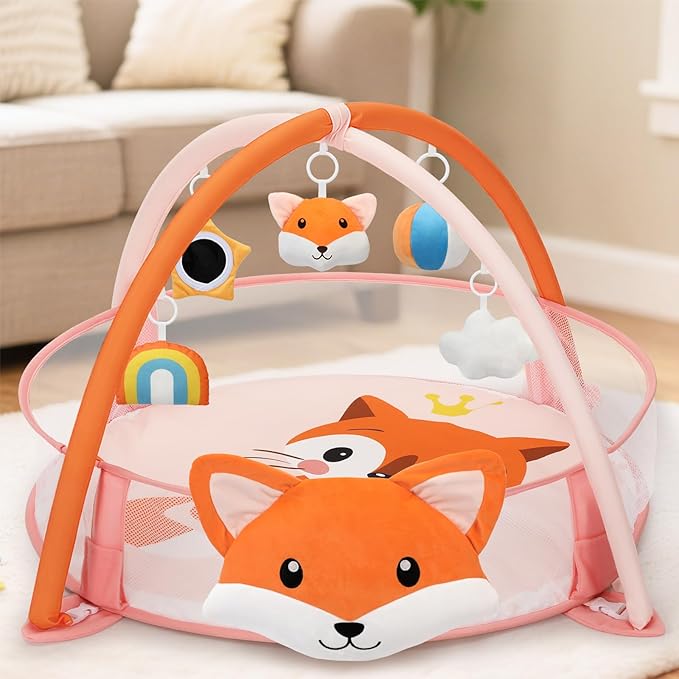 7-in-1 XL Large Baby Play Gym Mat, Tummy Time Mat, Baby Gym & Ball Pit, Baby Activity Mat with Milestone Cards & 6 Detachable Toys for Sensory Motor Skill, Fox