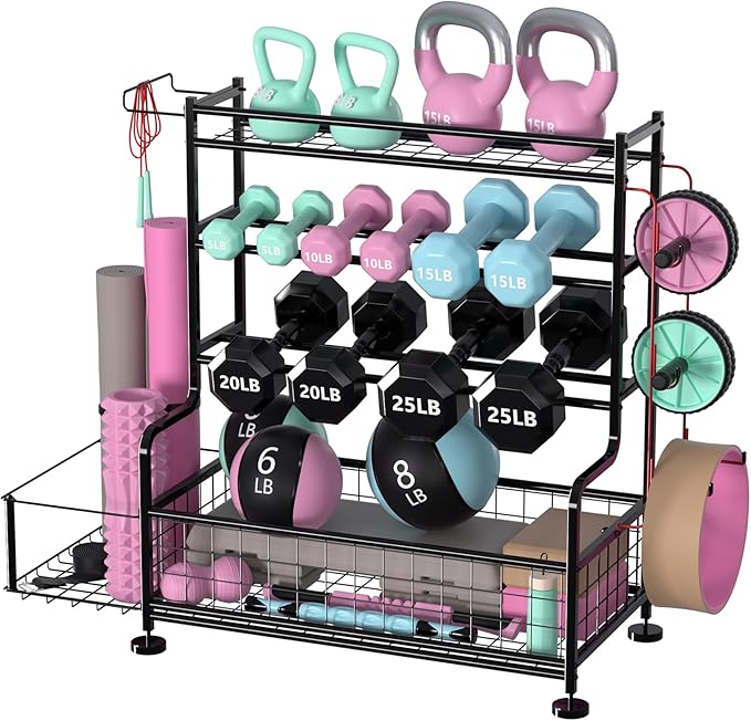 Garvee Dumbbell Rack, Weight Rack for Home Gym, Weight Rack for Dumbbells with Hooks, Home Gym Storage Rack for Yoga Mat Kettlebells and Strength Training Equipment, Powder Coated Finish Steel