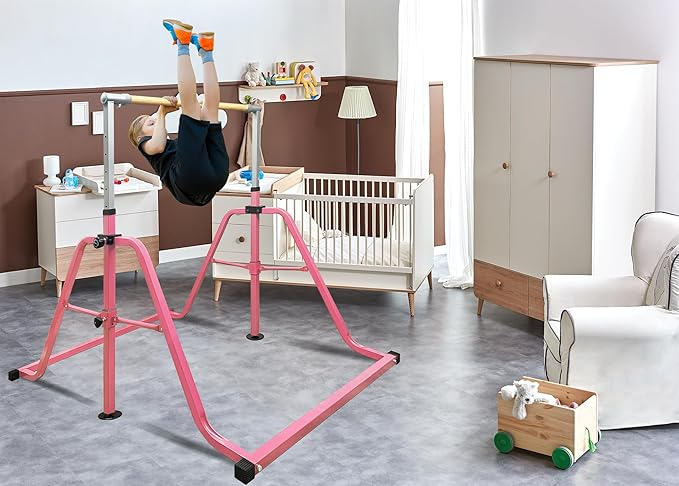 Foldable & Moveable Gymnastics Horizontal Bar with Rings,3’to 5’Adjustable Height Expandable Junior Kip Bar for Home,Indoor Gym Equipment for Kids