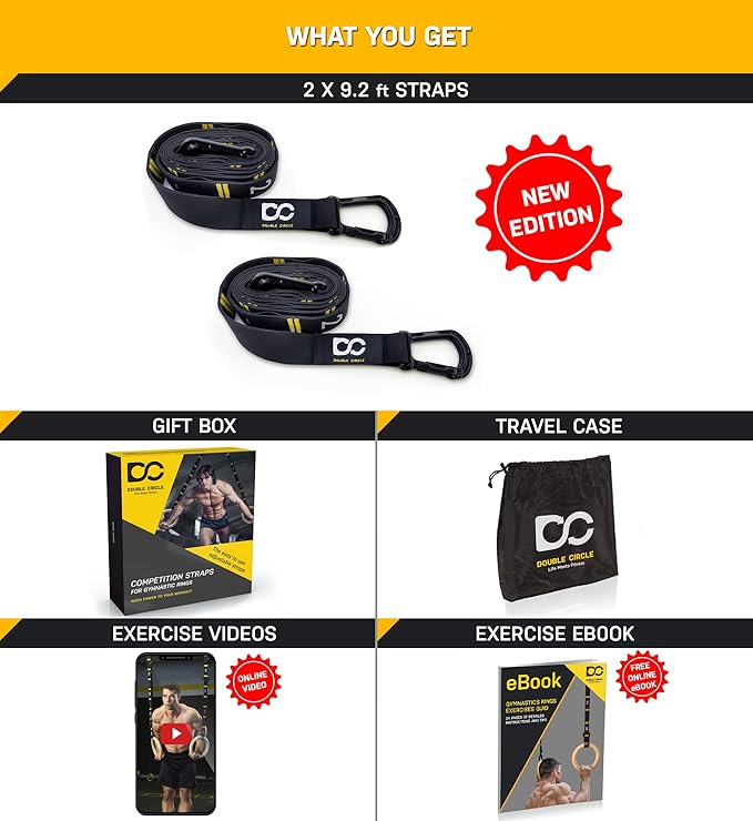 Double Circle Quick Adjust Numbered Straps for Gymnastic Rings - Carabiner System and Exercise Video Guide for Full Body Workout, Calisthenics, and Home Gym