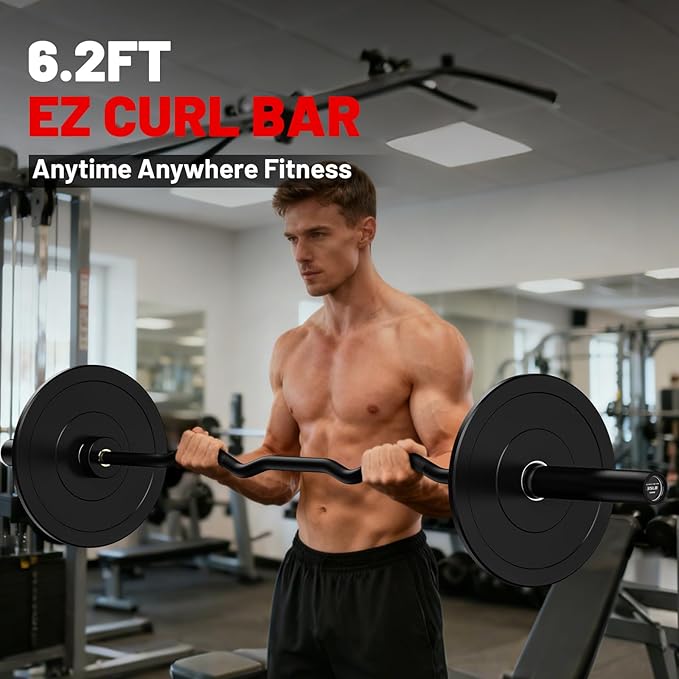 PAPABABE Curl Bar, 4ft/6.2ft Olympic EZ Barbell Bar for Weight Lifting, Curling Bar with Volcano Knurled Grip, 2 Inch Weight Bar with Multi-Angle Wrist-Friendly Design, Comfortable Grip for Bench Press Curls Deadlifts Home Gym Beginner