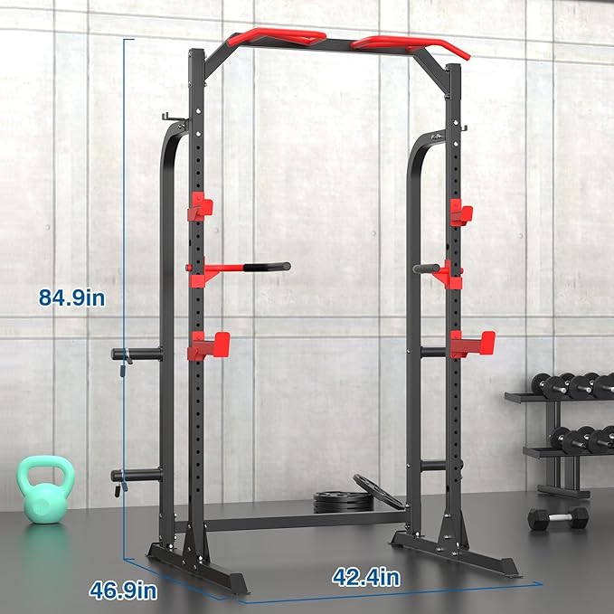 SunHome Power Cage Squat Rack, Power Rack with Pulley System, Adjustable Cable Crossover System, J-Hooks, Dip Handles, Weight Plate Storage