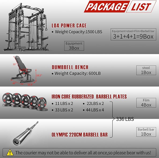 Smith Machine with Cable Crossover System, Multi-Function Power Cage Squat Rack for Home Gym, Power Rack and Packages Weight Sets.