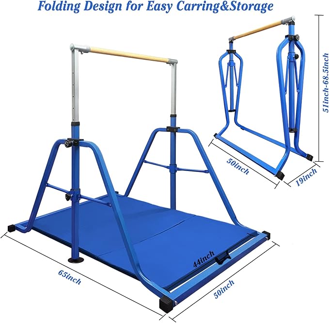 GLANT Gymnastics Bar for Kids with Rings Set, 7 Heights Adjustable Easy Folding Gymnastic Training Bar Kids Monkey Horizontal Bars - Max Load 300LBS