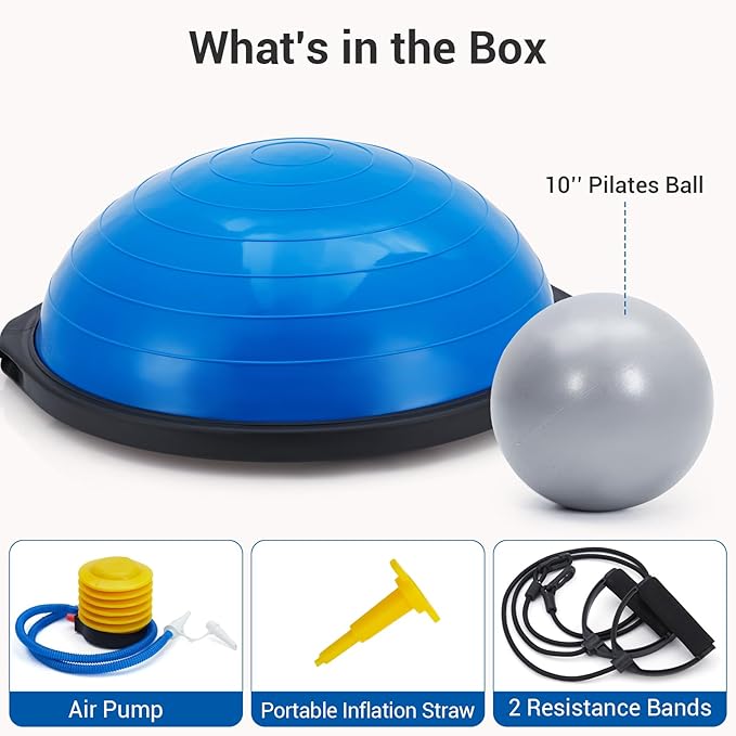 23/25In Half Balance Ball with Non-Slip Base, 1600Lb Capacity Stability Trainer for Core Workout, Includes Resistance Bands, Pump, and Bonus Ball, for Home Gym Stability Workouts