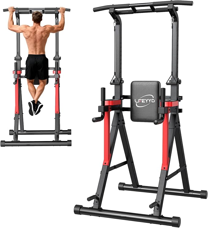 Power Tower Pull Up Bar Free Standing - 13-Level Adjustable Height Dip Station with X-Frame Stability, Multi-Grip Handles, Backrest, Anti-Slip Foot Pads - Home Gym Strength Training Equipment 400LBS