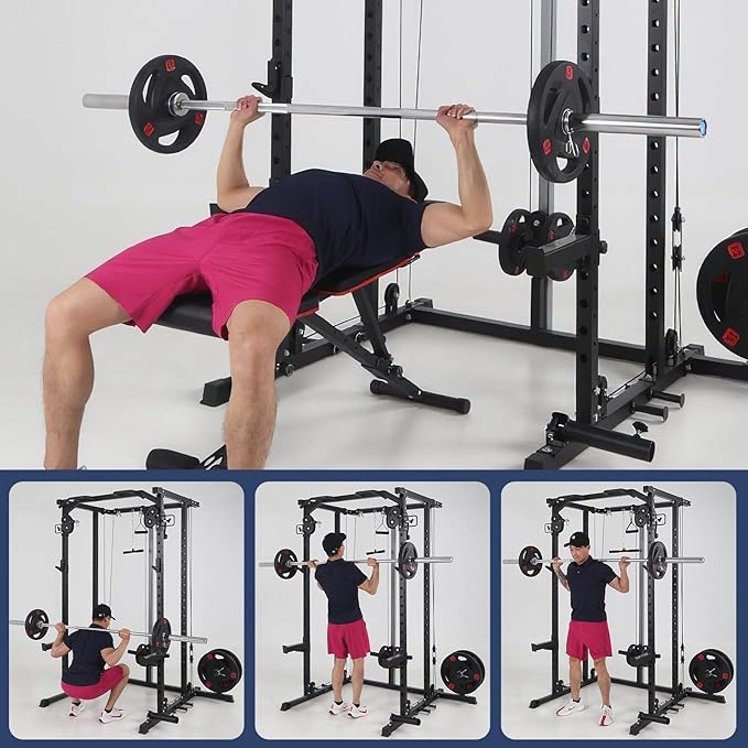 2000 LBS Power Cage,All in One Squat Power Rack with Dual Pulley Cable Crossover System,Heavy-Duty Steel Construction Squat Rack for Strength Training Home gym