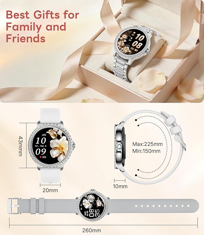 Smart Watch for Women Diamond, Bluetooth Calls, 1.32-inch HD Screen Round Fitness Tracker with Menstrual Cycle/Sleep/Heart Rate Monitor, 100+ Sports Mode, Android/iOS Phone, Silver