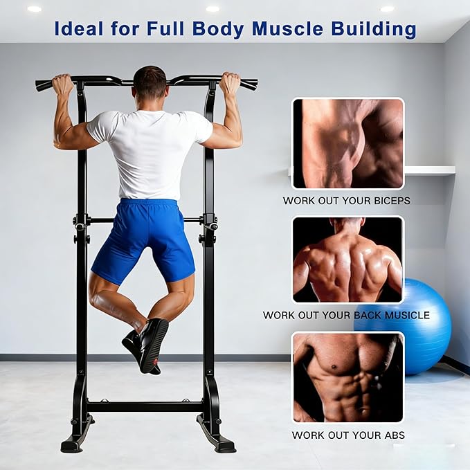 BARWING Pull Up Bar Station, Power Tower, Dip Station with 3D Backrest, Multi-Function Strength Training Stand Rack, Adjustable Height Dip Bar for Home Gym Workout Stand Fitness Exercise Equipment