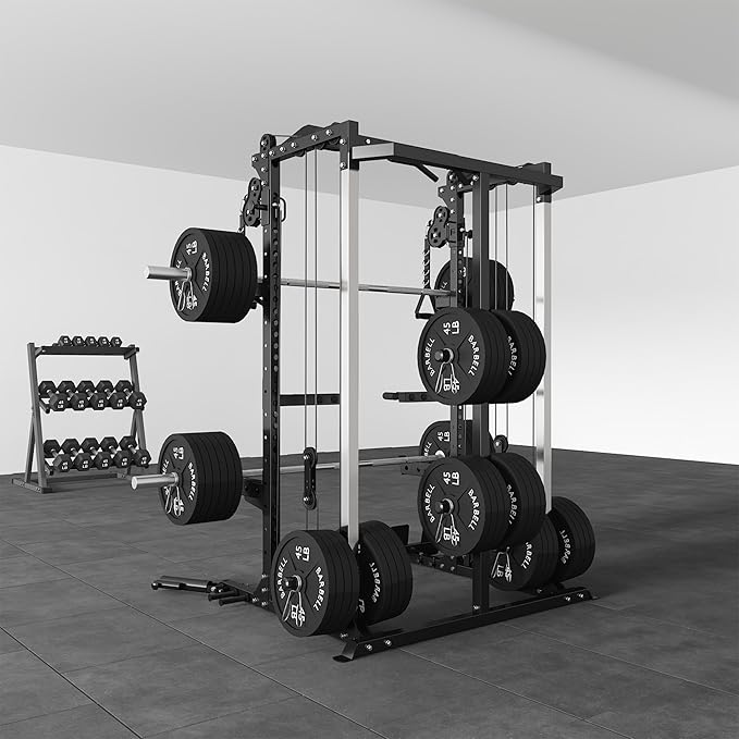 Cofiyard Power Cage, Power Rack with Dual Pulley System, Multi-Function Squat Rack with Cable Crossover, Home Gym Workout Machine