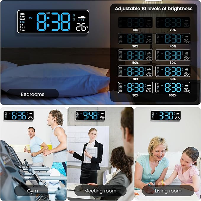 Digital Wall Clock, Digital Clock Large Display, Corded Alarm Clocks with Weatherforecast, Day of the Week, Temp, Humidity, Auto DST, Countdown, for Living Room Bedroom Classroom Office, Blue