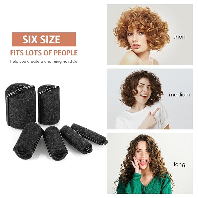 Syhood 56 Pcs Foam Sponge Hair Rollers 6 Sizes Soft Sleeping Curlers Flexible Sponge Curler Tool Rat Tail Comb for Long Short Hair Styling(Black)