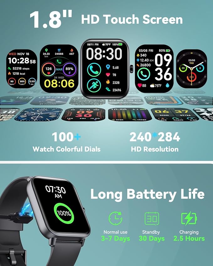 Smart Watches for Women/Men, Smart Watch for Android Phones and iPhone Compatible, Alexa Built-in, 1.8" Fitness Watches for Women, IP68 Waterproof /Bluetooth Call, Heart Rate/Sleep Monitor, Two Bands