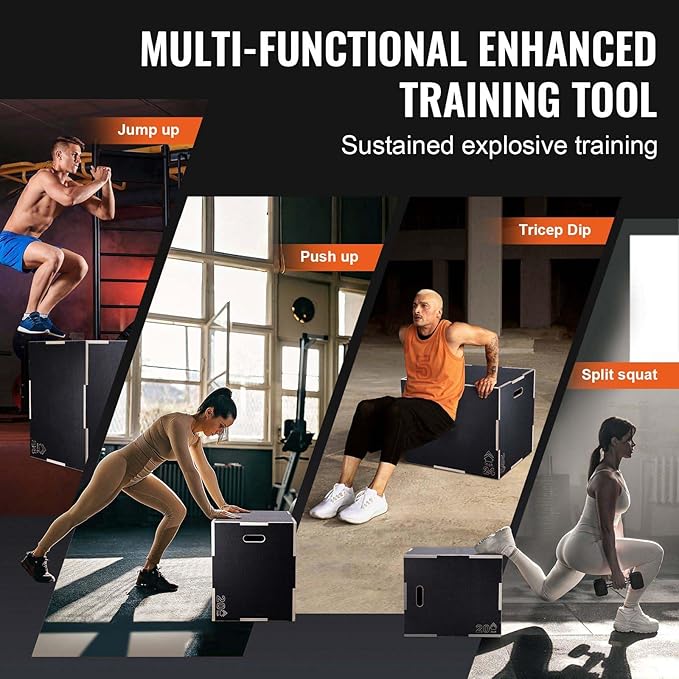 Plyometric Jump Box 3 in 1-30/24/20 Inch Wooden Plyo Box for Fitness, Agility Training, Step Ups - Home Gym Equipment - Black