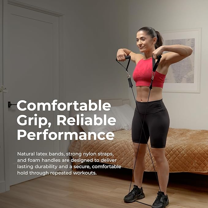 Sunny Health & Fitness Premium Resistance Band Set with Door Anchors, Wrist Straps, Handles Carry Bag Optional Padded Ankle Straps (Pair) for Strength Training, Booty Workout, Lower Body Exercises