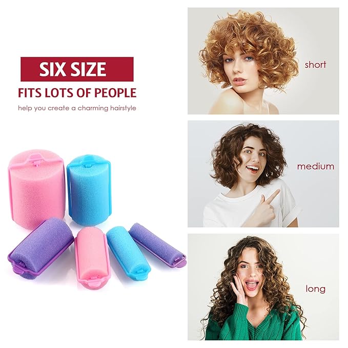 Syhood 56 Pcs Foam Sponge Hair Rollers 6 Sizes Soft Sleeping Curlers Flexible Sponge Curler Tool Rat Tail Comb for Long Short Hair Styling(Warm Color)