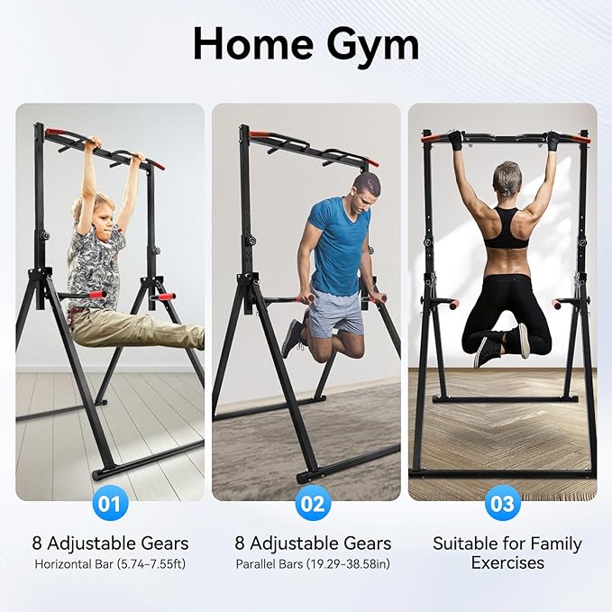Foldable Power Tower Pull Up Bar, Free Standing Multi-function Power Tower Dip Station Adjustable Multifunction Workout Pull Up Tower Station Gym Strength Training Equipment 440 LBS Capacity