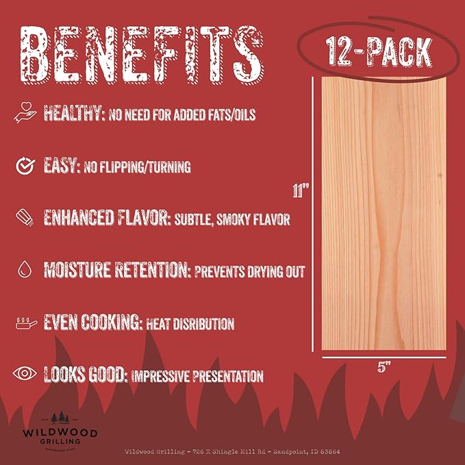 Wildwood Grilling Signature 5” x 11” Cedar Grilling Planks (12-Pack) - USA-Made & Sourced - Adds Delicate, Earthy Flavor to Food - 100% Natural Product for Salmon, Seafood, Veggies & Fruit