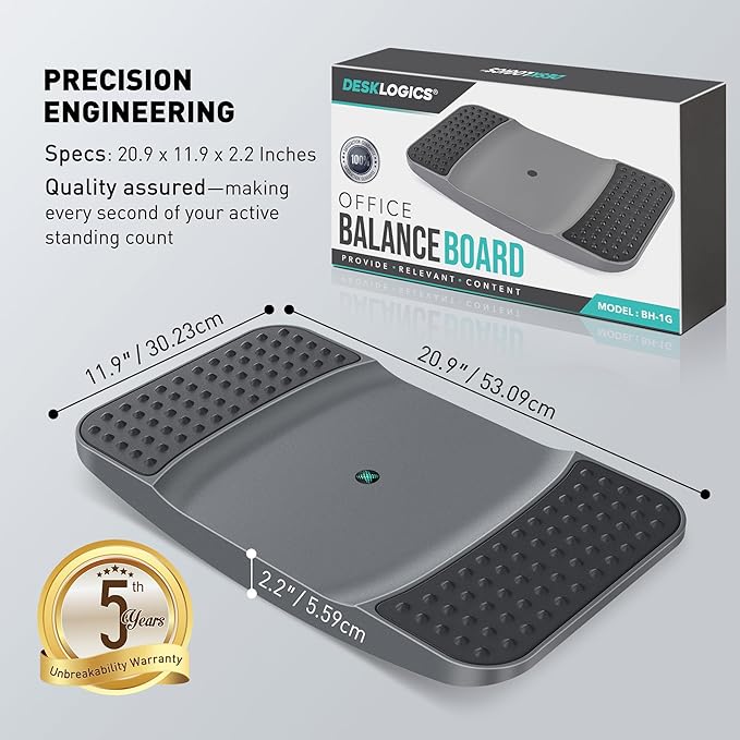 Standing Desk Balance Board - Resilient Flexible Core Wiggle Board for Active Standing - Lateral Tilt Exercise Board for Office Work with Washable TPE Massage Pads - 220 lbs, Gray