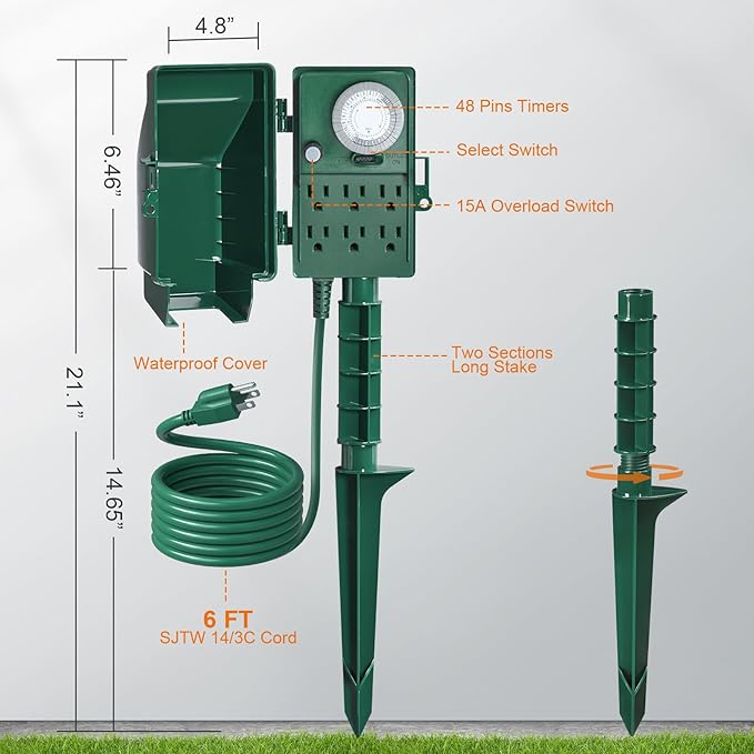 SURAIELEC Outdoor Power Stake, 24-Hour Mechanical Light Timer, Electrical Power Strip Weatherproof, 6FT Extension Cord Multiple Outlet Plug for Patio Lights, Christmas Decorations, Outdoor Light
