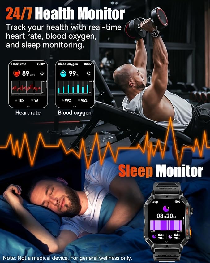 Military Smart Watch for Men, 2.01” Fitness Tracker with 1200mAh Battery Life, Bluetooth Calling, Flashlight, 5ATM Waterproof, Heart Rate & Sleep Tracking, 110+ Sports Modes for Android & iPhone