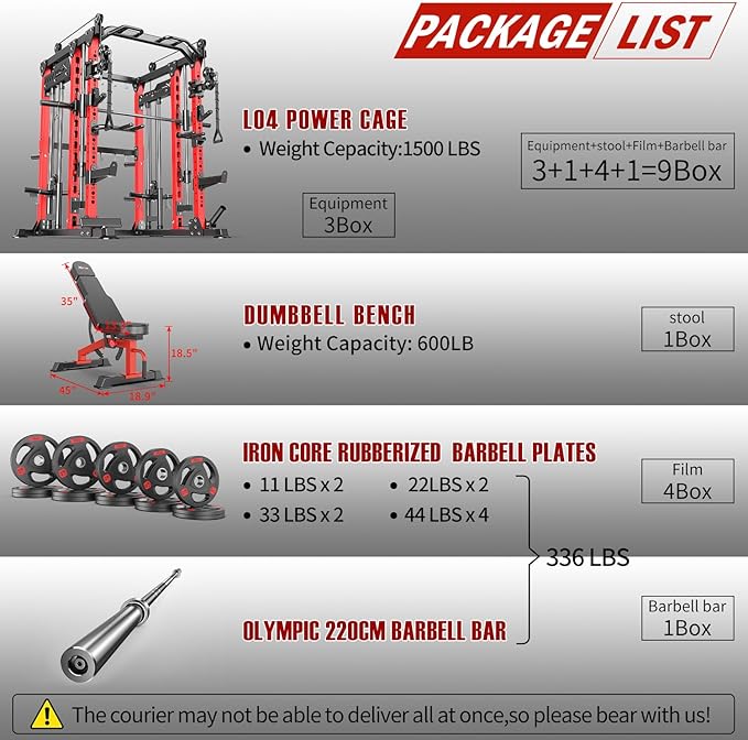 Smith Machine with Cable Crossover System, Multi-Function Power Cage Squat Rack for Home Gym, Power Rack and Packages Weight Sets.