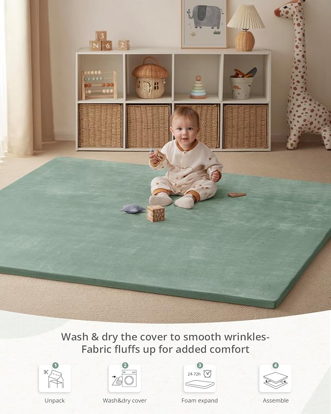 Blissful Diary Ultra Soft Baby Play Mat, 71x59 Extra Large Floor Mat with Removable & Washable Slip-On Cover for Babies and Toddlers, Sage Green