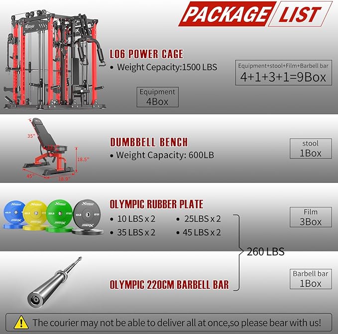 Smith Machine with Cable Crossover System, Multi-Function Power Cage Squat Rack for Home Gym, Power Rack and Packages Weight Sets.