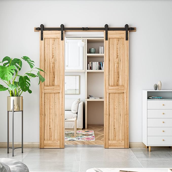 SMARTSTANDARD 6FT Heavy Duty Double Door Sliding Barn Door Hardware Kit,Smoothly and Quietly-Easy to Install-Includes Step-by-Step Installation Instruction Fit 18" Wide Door Panel