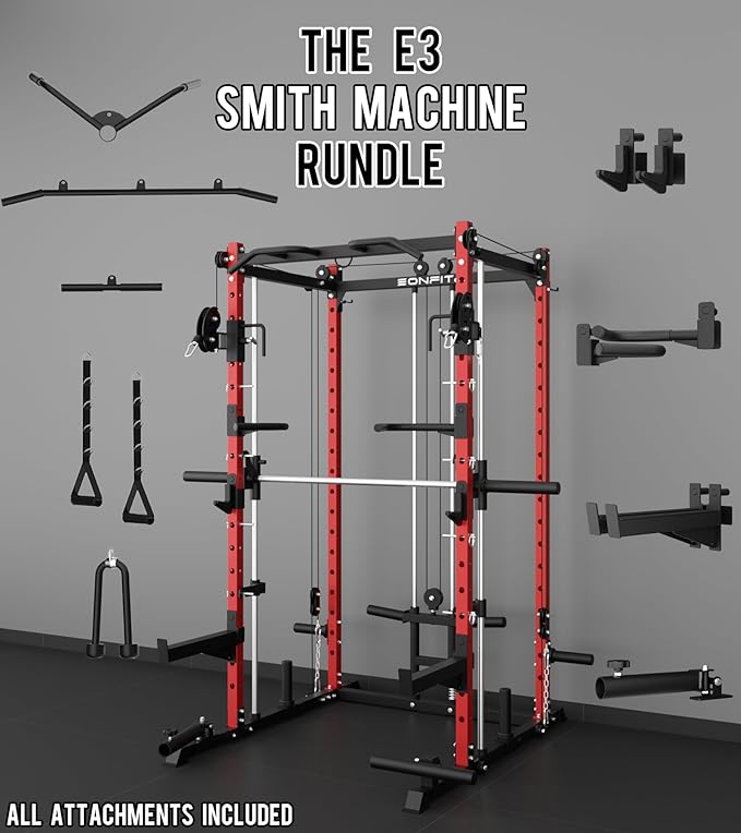 Eonfit E3 Smith Machine for Home Gym Equipment, Multi-Function Power Cage Squat Rack with Cable Crossover LAT Pulldown Pulley System All in One