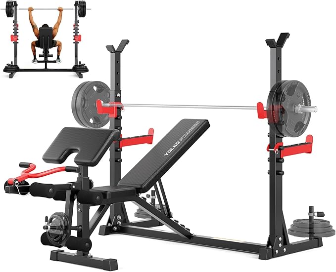 Yoleo Weight Bench with Rack - Bench Press Set, Leg Extension, Preacher Curl & Flat/Incline/Decline Full Body Workout Bench, Adjustable Olympic Weight Benches for Home Gym(47.44IN WIDE GRIP)