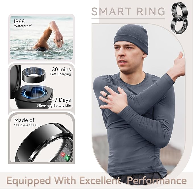 Smart Ring for Men, Fitness & Activity Tracker with Blood Pressure/Heart Rate Monitor, Sleep Tracker, Step Counter, IP68 Waterproof Ring for iOS & Android, Fast Charge, No Subscription (Black,Size9)