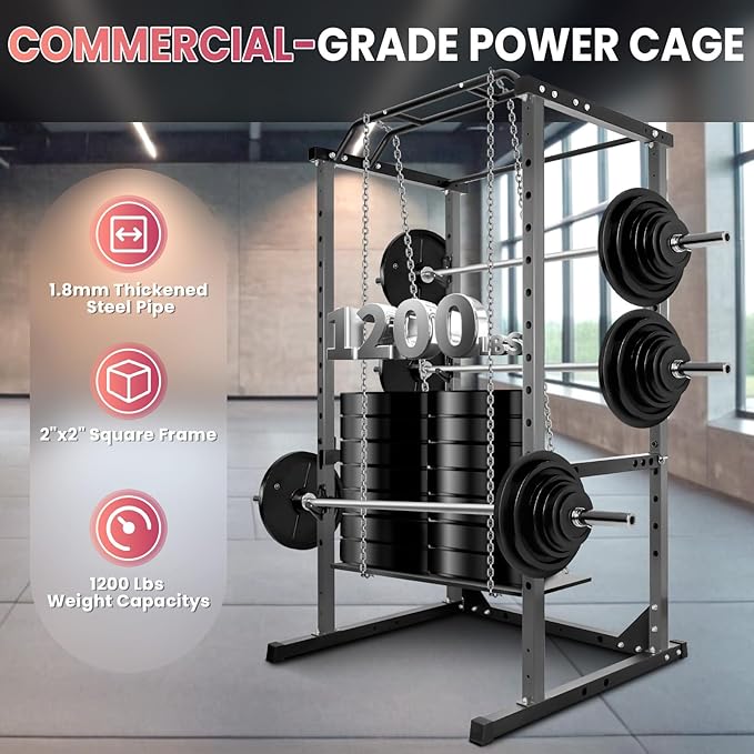 44.3'' x 45.6'' x 81.5''Versatile Power Cage, 1200 LBS Adjustable Weight Cage, Squat Rack with More Training Accessories for Home Gyms (Black, 81.8)