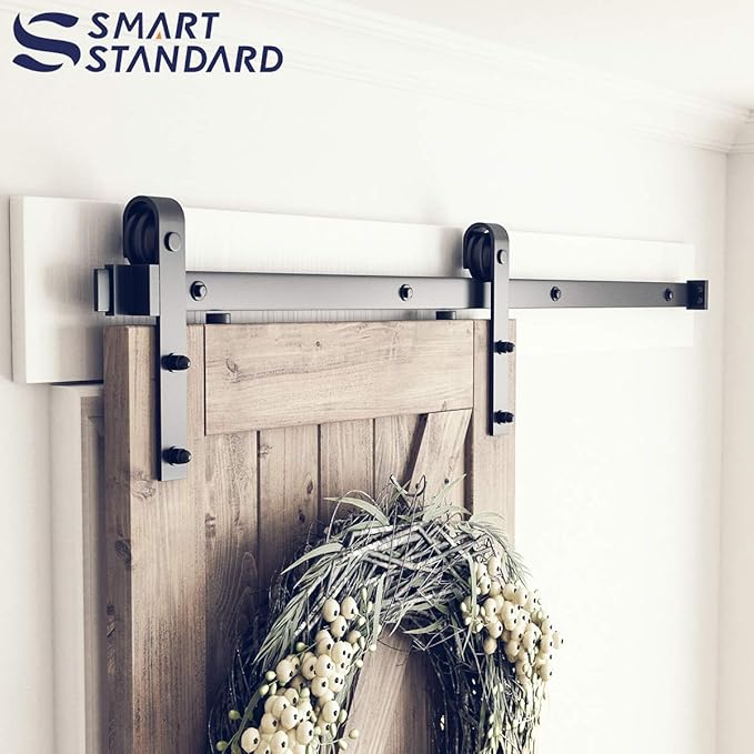 SMARTSTANDARD 5 Feet Heavy Duty Sturdy Sliding Barn Door Hardware Kit-Smoothly and Quietly-Includes Detailed Installation Fit 30" Wide Doorpanel (J Shape Hanger) Black