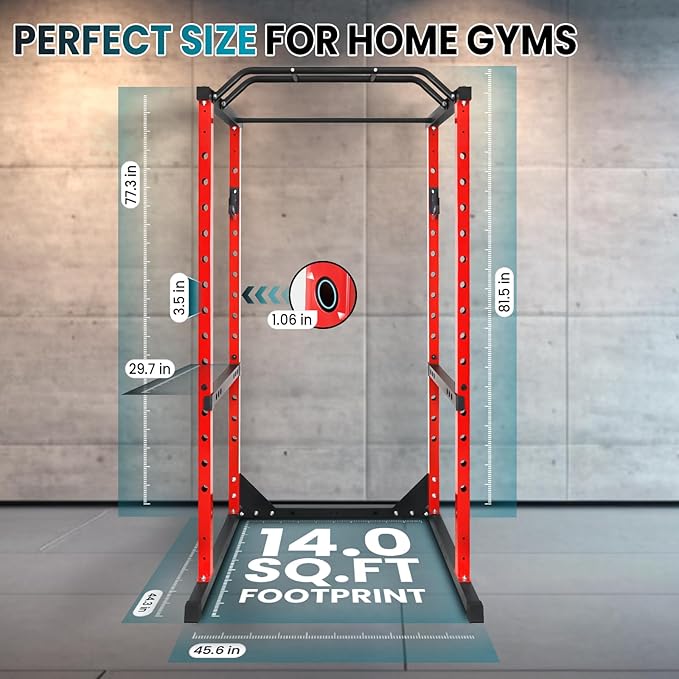 POWKOL Squat Rack Power Cage, 1200lb Capacity, 14-Hole Adjustable Height, Multi Functional Squat Rack for Home Gym With Safety Arms and J-Hooks, for Garage Gym Home Fitness Training