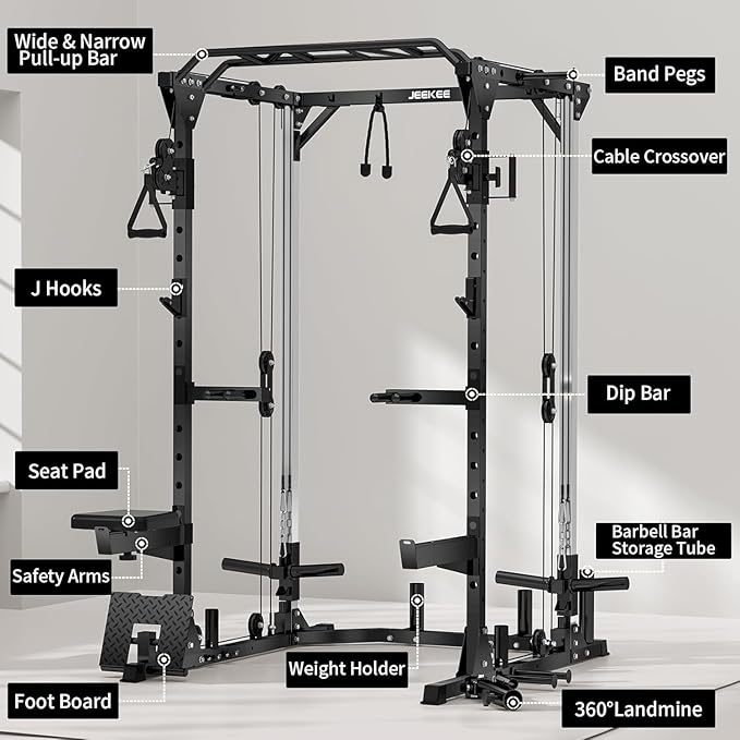 JEEKEE Power Cage with Cable Crossover System, 2000LB Multi-Function Power Rack with Independent Dual Pulleys, LAT Pulldown Seat Cushion, 20+ Attachments Squat Rack for Home Gym Workout,Black