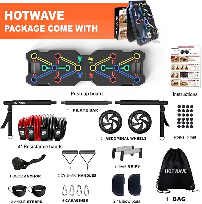 HOTWAVE Portable Workout Equipment with 20 Gym Accessories.Push Up Board &Plank,Resistance Band with Ab Roller Wheel,Exercise at Home For Men and Women