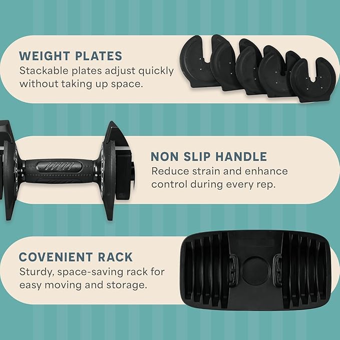 Lifepro Adjustable Dumbbells Set – 15lb, 25lb Pair or 43lb, 55lb & 90lb Single – Quick Adjustment, Anti Slip Handle – Space Saving & Strength Training Weights for Home Gym Exercise & Fitness