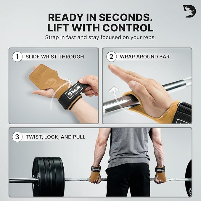 DMoose Fitness Weight Lifting Hooks (Pair) for Deadlifts, Pull Ups, Rows & Shrugs - Anti-Rip Nylon Strap Hand Grips with Thick Wrist Padding - Heavy Duty Wrist Straps for Weightlifting & Gym Workouts