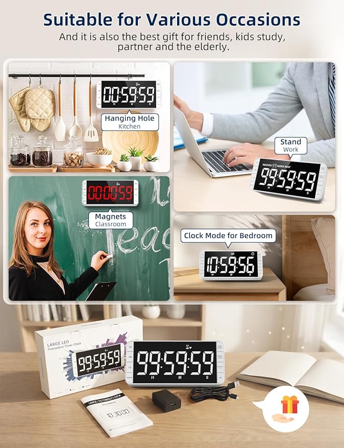 7.8" Digital Kitchen Timer with Large LED Display, Magnetic Rechargeable Countdown Timer, 5 Alarms & 4 Volume Levels, 99H Count Up/Down Timer for Cooking, Classroom & Study