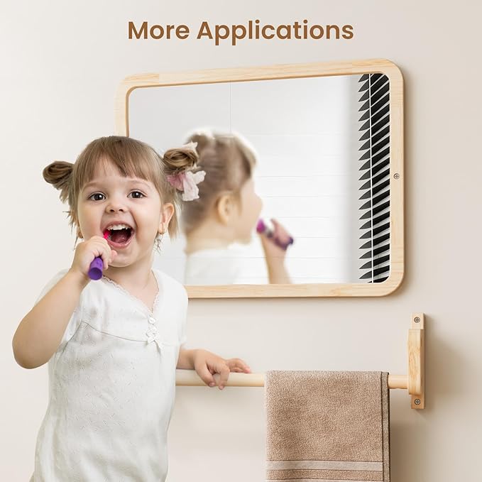 Woodtoe Montessori Mirror with Bar, Baby Pull to Stand Toys, Natural Wooden Frame & Baby Pull Up Bar, Adjustable Infant Coordination Small Mirror, Montessori Birthday Toy for Toddler 6-18 Months