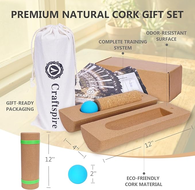 Cork Balance Board, 4-in-1 Foot & Ankle Strengthener Kit with Massage Roller & Ball, Toe Resistance Bands, Storage Bag, Exercise Guide & Training Log for Mobility & Plantar Fasciitis Care