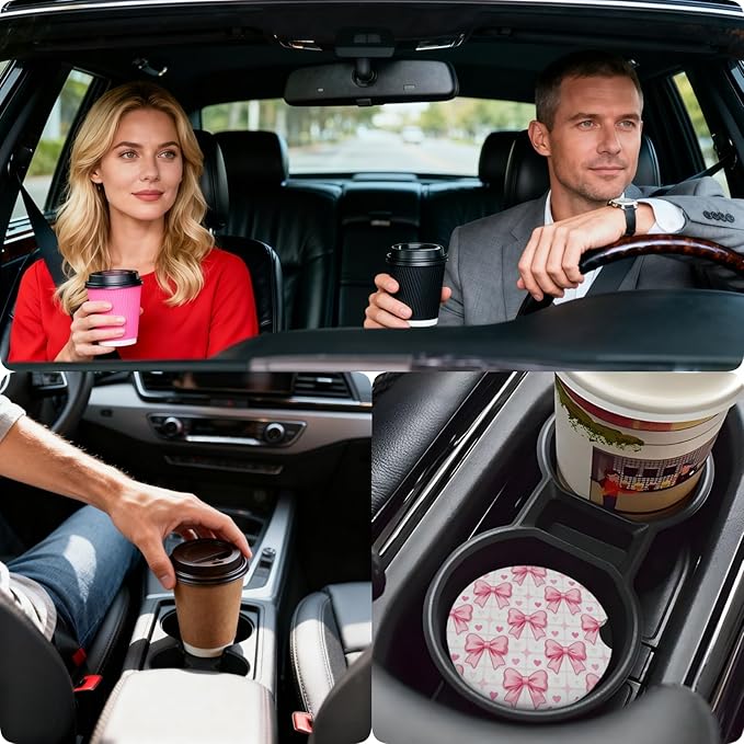 Car Cup Holder Coasters, 2 Pcs Ceramic Coasters with Finger Slot and Cork Back, Anti-Slip Shock Absorbing Women and Men Universal Car Accessories - Checkered Bowknot