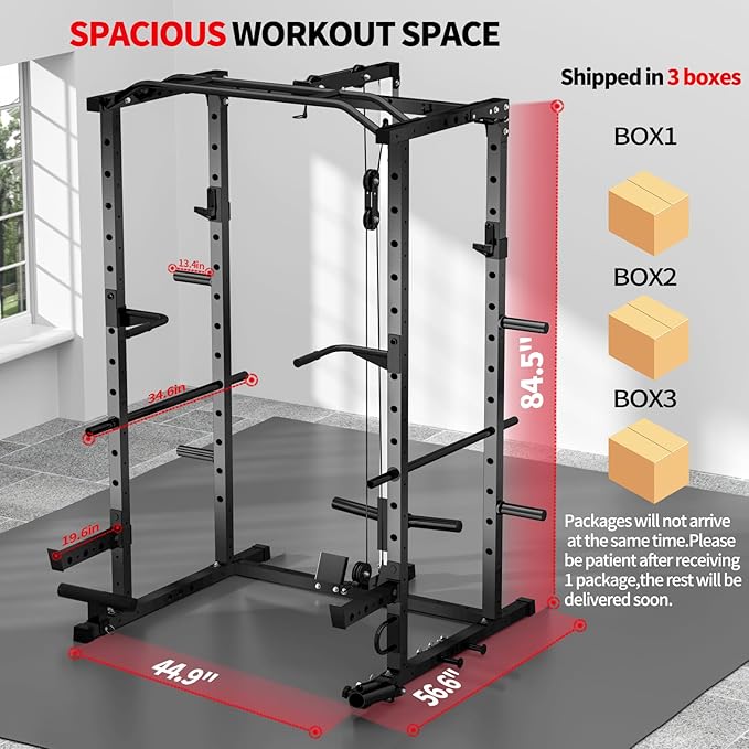 JEEKEE Power Rack with LAT Pulldown, 2000LBS Power Cage with Cable System, Multi-Function Squat Rack with J-Hooks, Safety Bars, Landmine, Pull Up Bar & Attachments for Home Gym Strength Training,Black