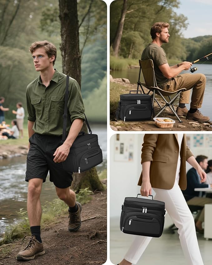 Lunch Boxs for Women/men Insulated Lunch bag,Leakproof Lunchbox with Adjustable Shoulder Strap for Adults,Soft Cooler Tote Bag for Office Fitness Picnic Beach Travel - Black 12-Can(8L)