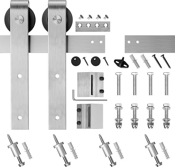 SMARTSTANDARD 5 Feet Brushed Nickel Barn Door Hardware Kit-Heavy Duty Sliding Track-Smoothly and Quietly-Easy to Install-Fit 30" Wide Door Panel (J Shape Hanger)