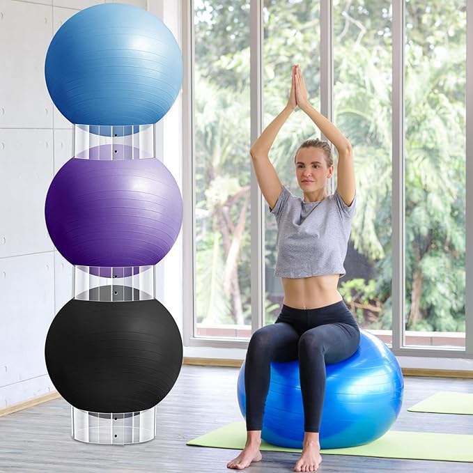 Wenqik 3 Pcs Exercise Ball Stand Holder 14.5 Inch Plastic Yoga Ball Base Stability Fitness Display Stand Medicine Therapy Carrier Storage Stackers
