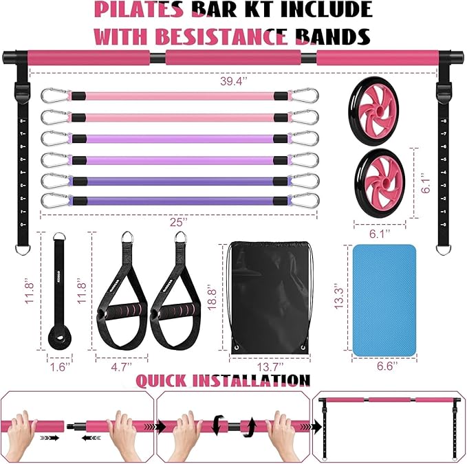 Pilates Bar Kit with Resistance Bands for Working Out, Pilates Equipment with Ab Roller for All Fitness Levels, Portable Home Gym Full Body Workout Equipment for Women&Men