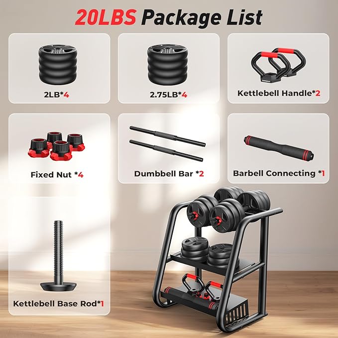 Adjustable dumbbell set,20/35/45/55/70/90lbs Free Weights set with upgraded nut, 5 in 1 Weight Set Used as Kettlebells, Barbell, Push up Stand, Fitness Exercise for Home Gym Suitable Men/Women