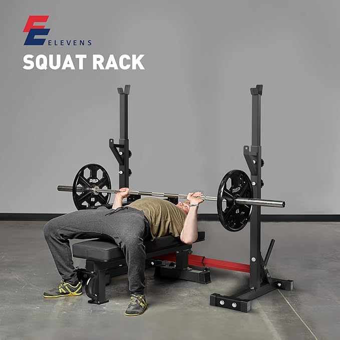 Elevens Squat Rack Stand Adjustable Bench Press Rack Barbell Rack Stand Multi-Function Weight Lifting Rack for Home Gym Strength Training